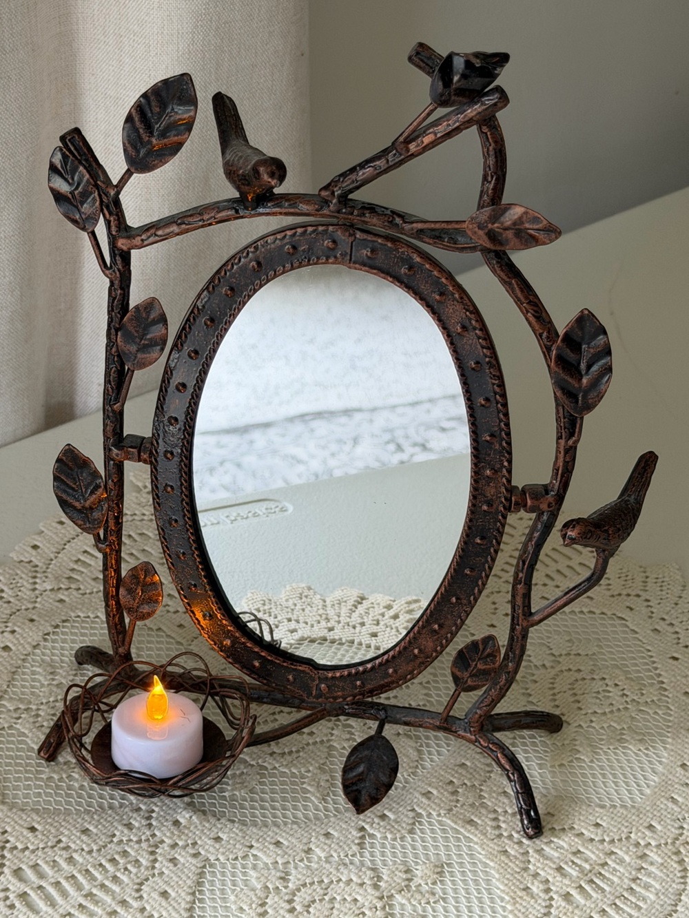 VTG Style Metal Bird Nest & Branch Vanity Mirror with Candle Holder/Trinket Tray